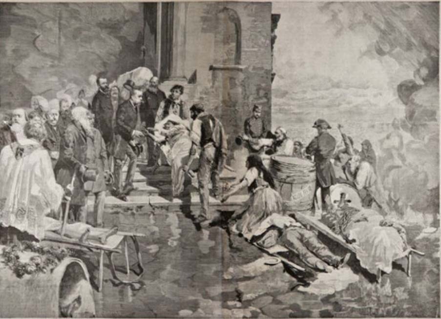 Re Umberto Primo di Savoia tra i colerosi a Napoli. Illustrazione anno 1885